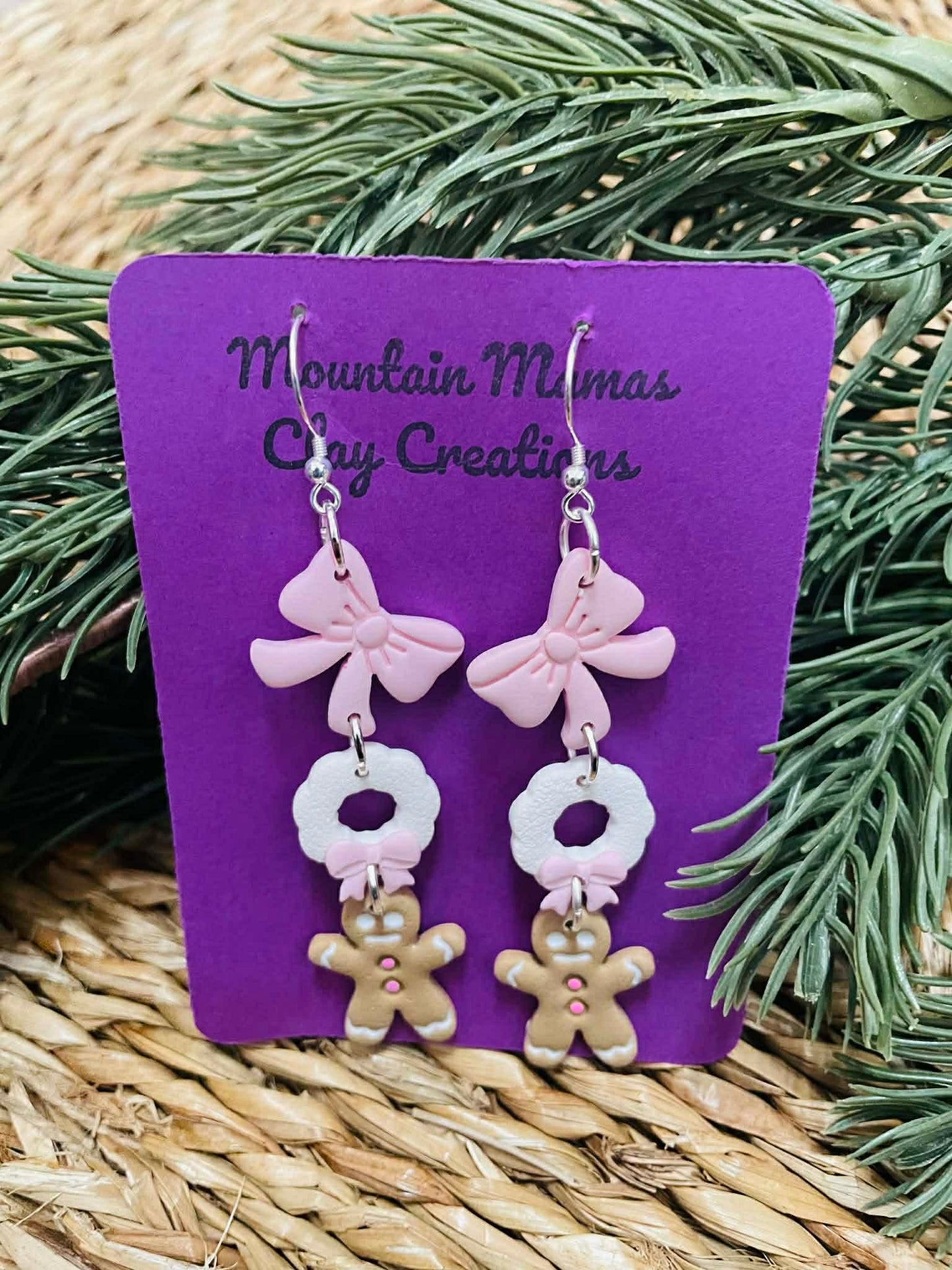 Clay Pink Bow & Gingerbread Dangle Earrings