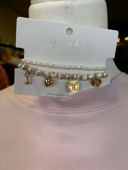 Dainty Pink Floral Charm Bracelet Set