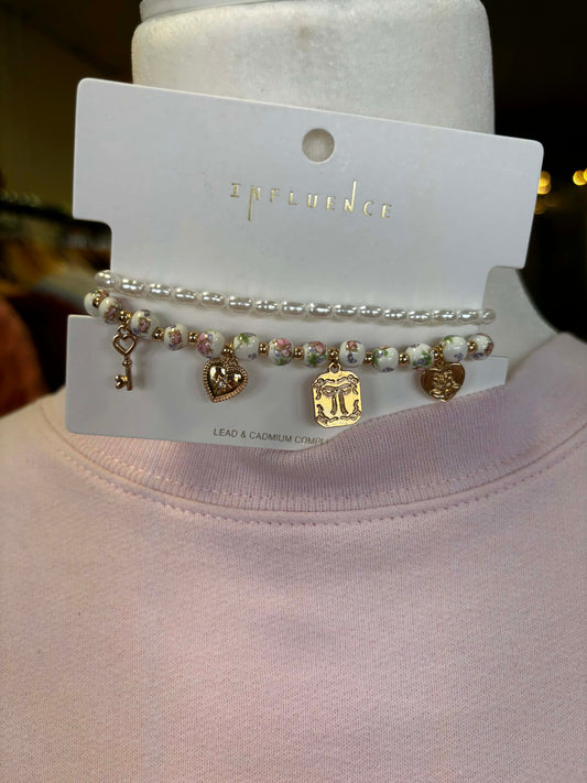 Dainty Pink Floral Charm Bracelet Set
