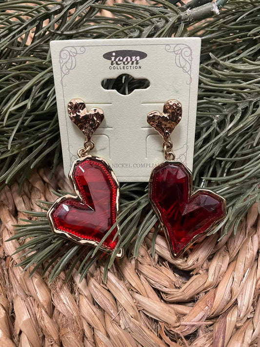 Hammered Goldtone Red Heart Earrings