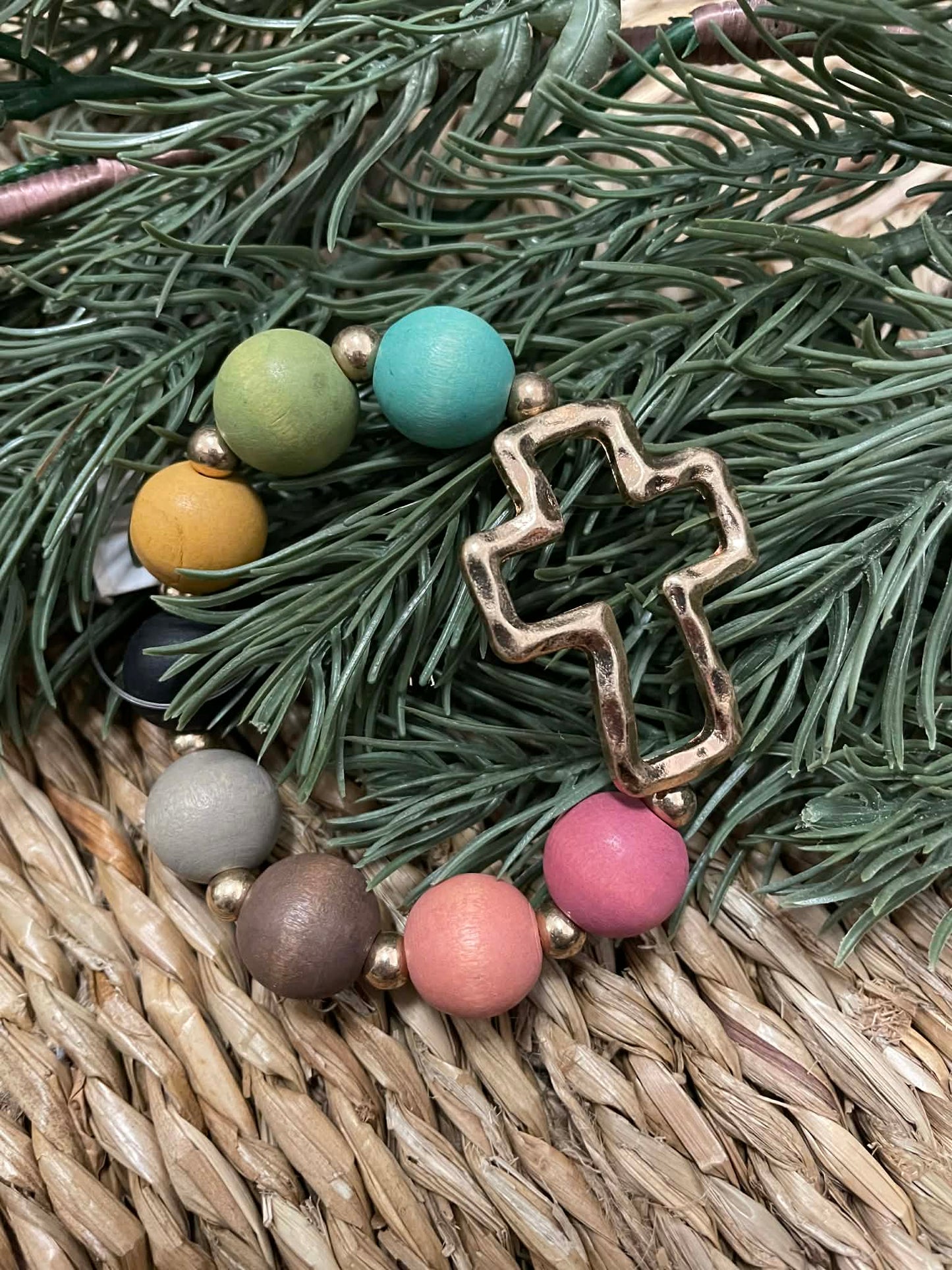 Chunky Wood Beaded Cross Bracelet