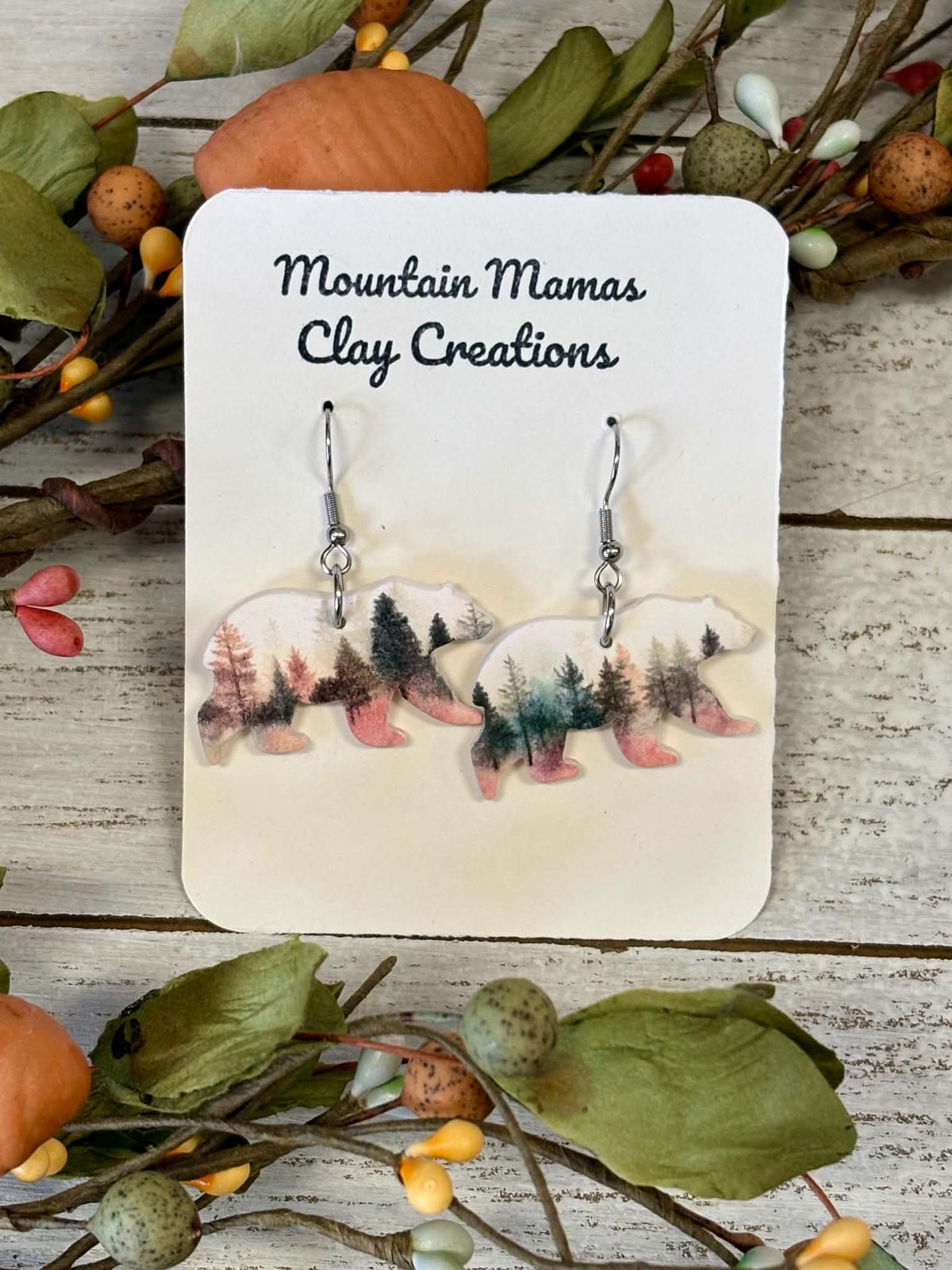 Fall Bear Dangle Clay Earrings