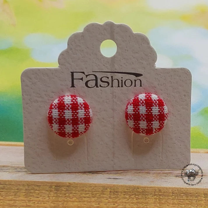 Checkered Fabric Button Stud Earrings