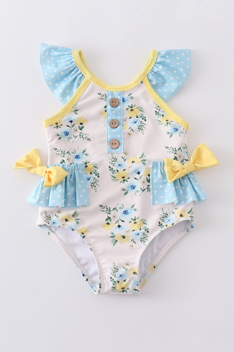 Blue floral ruffle bow girl swimsuit
