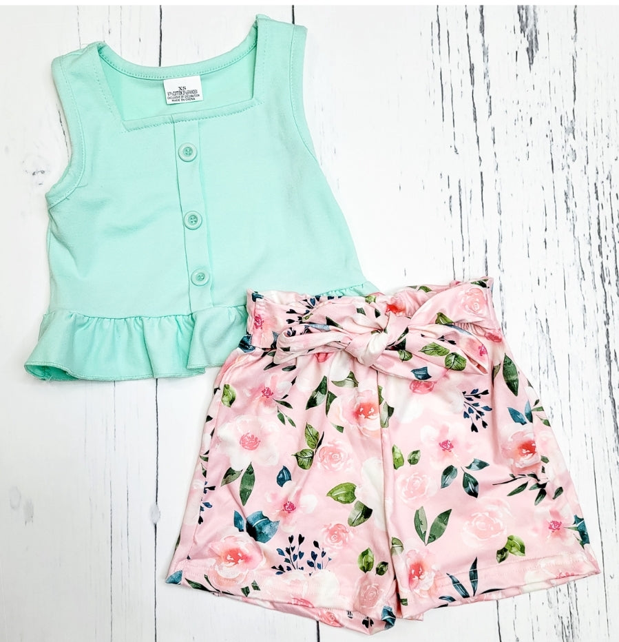 Mint Flower Short Set