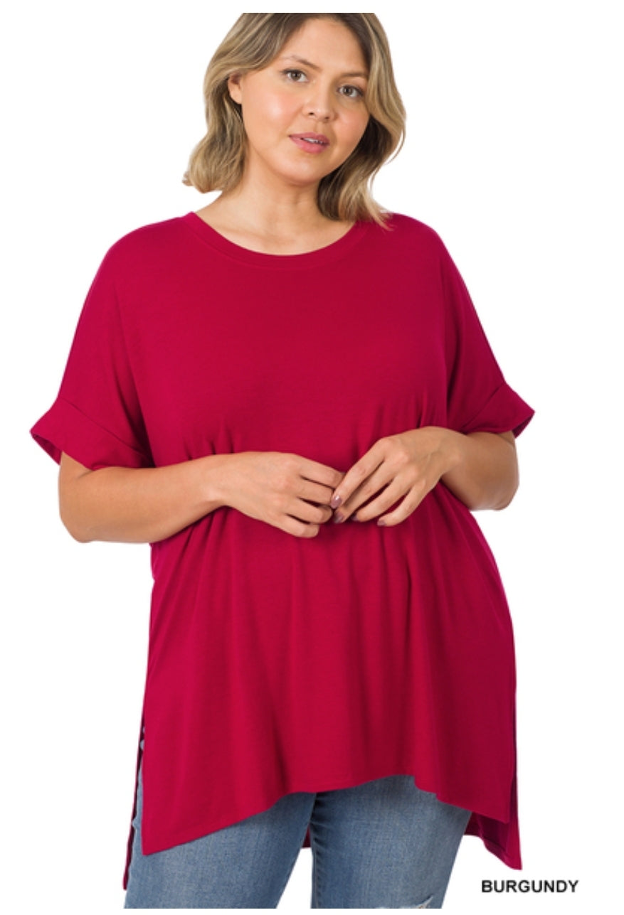 High Low Short Sleeve Round Neck Top with side slit
