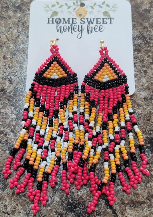 Red Seed Bead Fringe Earrings