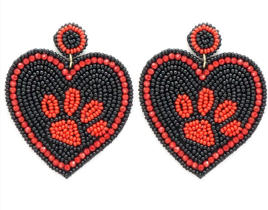 Red/Black Seadbead Paw Print Earrings