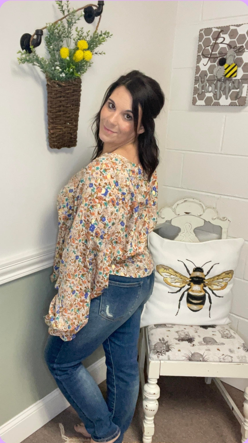 Floral Print with Gold Foil Woven Peplum Top