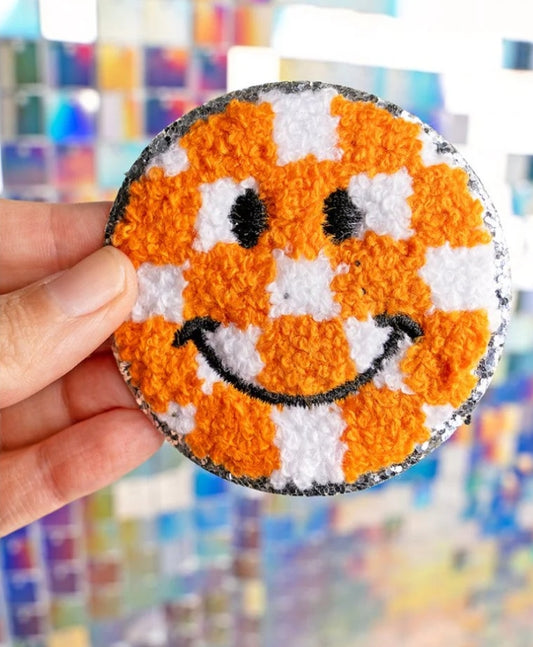 Orange and White Checkered smiley face chenille patch