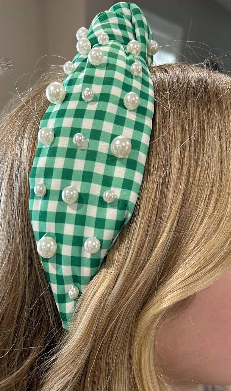 Green and White Checkered Headband with pearls