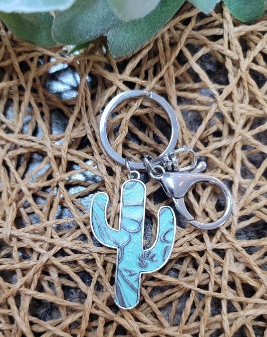 Tooled Turquoise Cactus Keychain