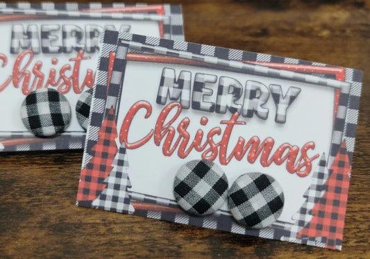 Black/White Buffalo Plaid Fabric Button Earrings