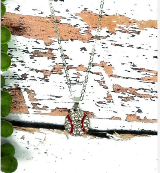 Faux Crystal Baseball Silvertone Necklace