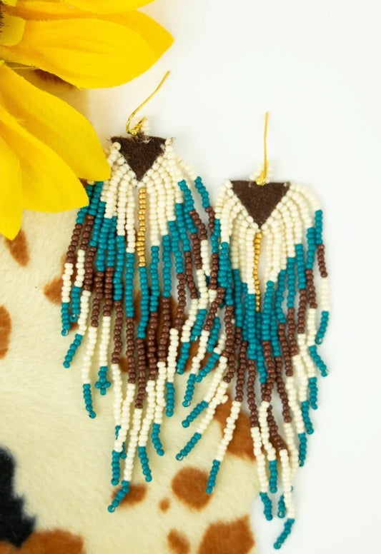 Falling Sky Tri-Color Seed Bead Fringe Earrings