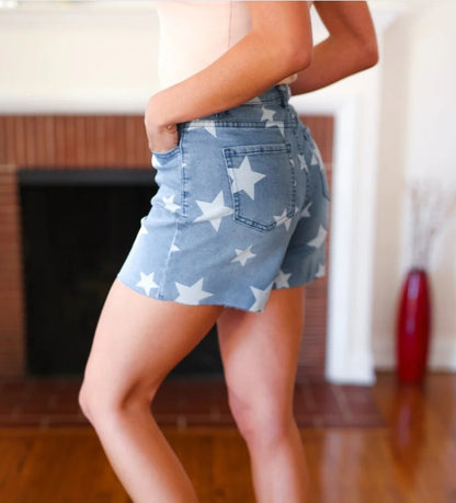 Plus Size Light Wash Star Print High Rise Denim Patriotic Shorts