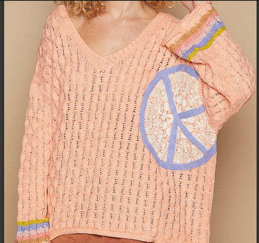 Coral V-Neck Long Sleeve Peace Patch Solid POL Top