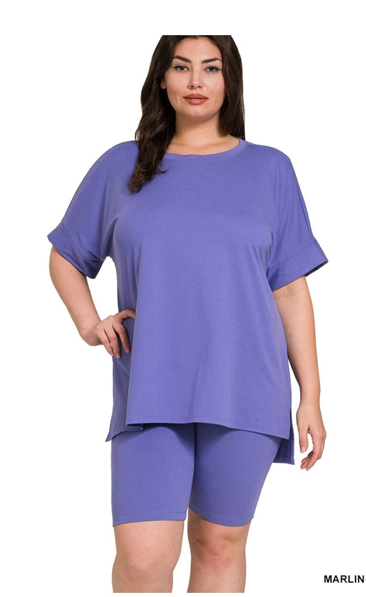 Brushed Microfiber Round-Neck Top & Biker Shorts