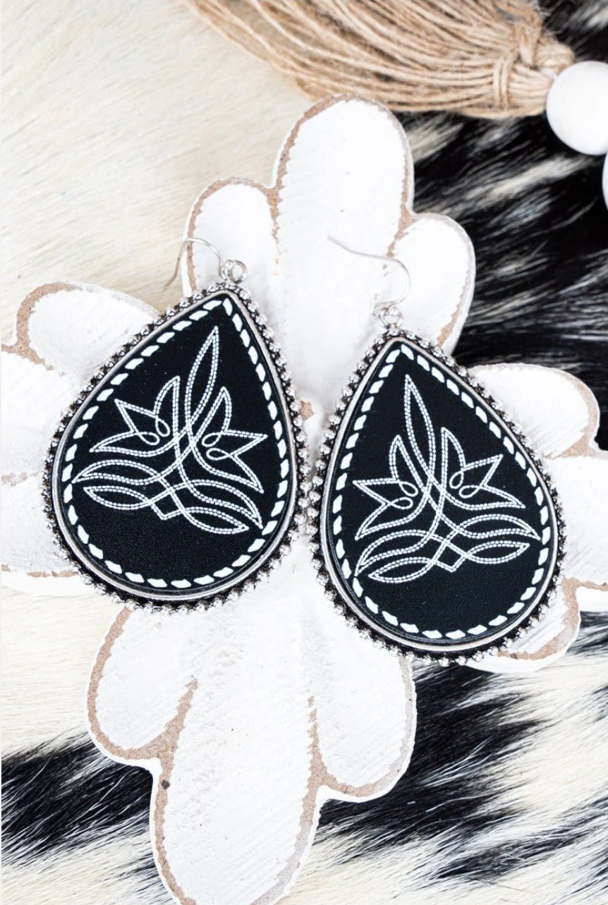 Black Prairie Stitched Silvertone Teardrop Earrings