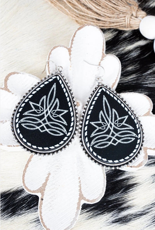 Black Prairie Stitched Silvertone Teardrop Earrings