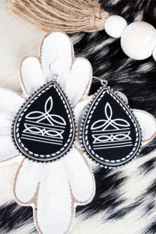 Black Range Stitched Silvertone Teardrop Earrings