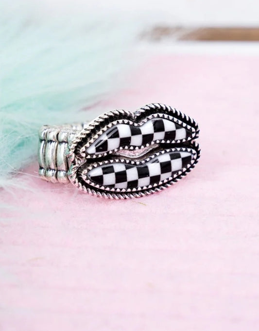 Black Checkered Lips Stretch Ring