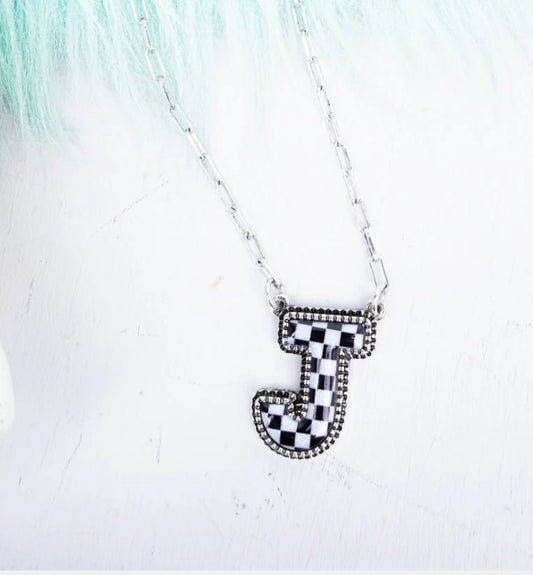Black & White Checkered Initial Necklace