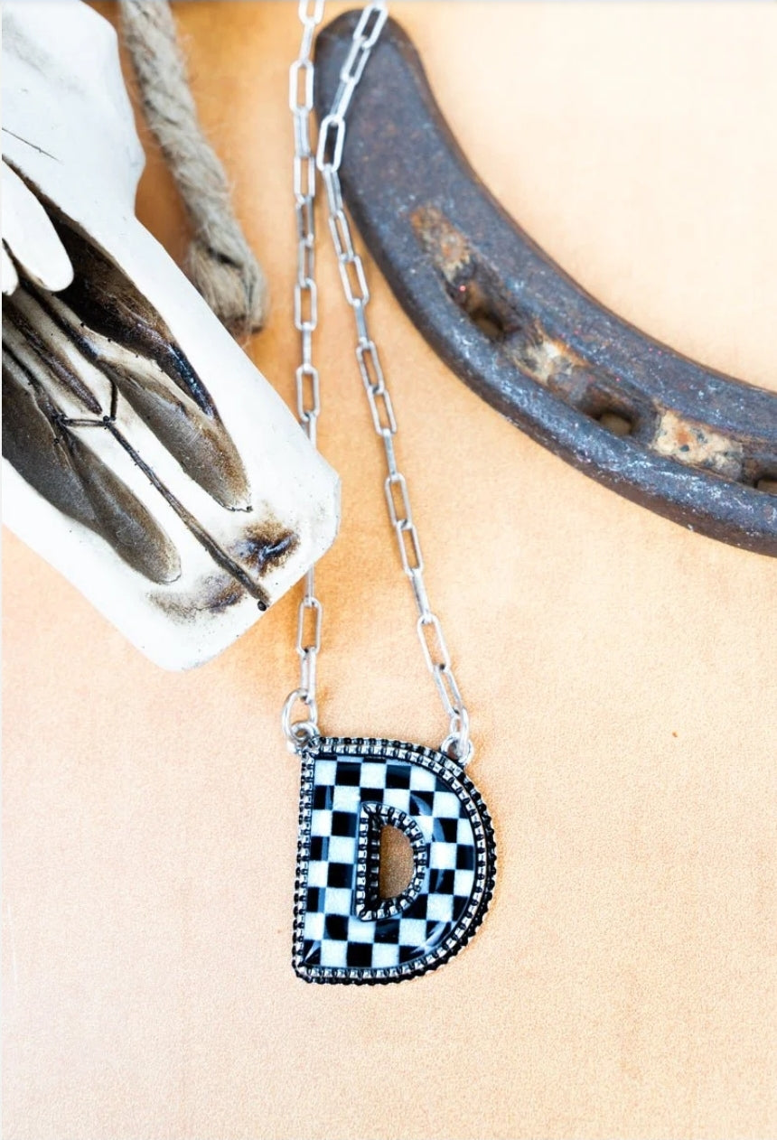 Black & White Checkered Initial Necklace