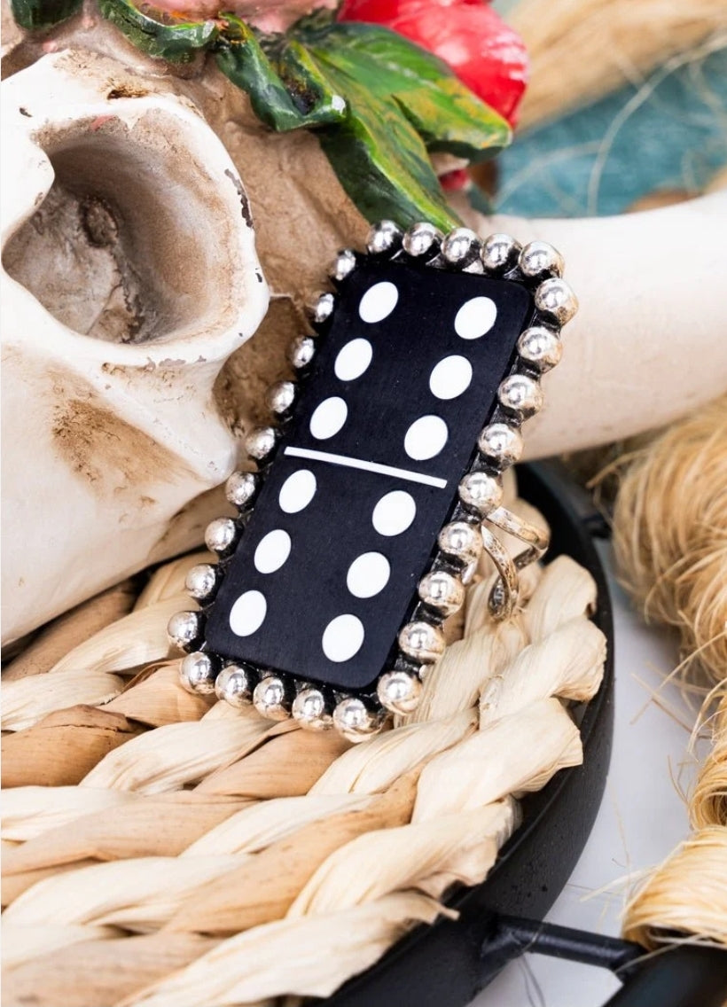 Black Double 6 Domino Silvertone Ring