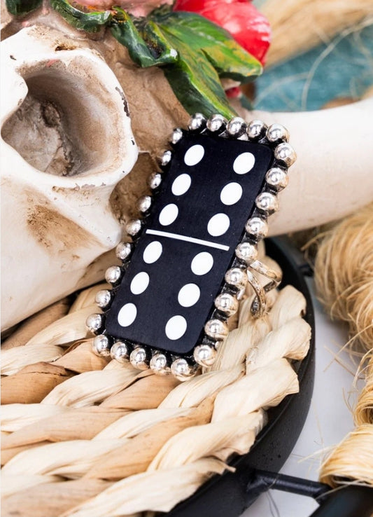 Black Double 6 Domino Silvertone Ring