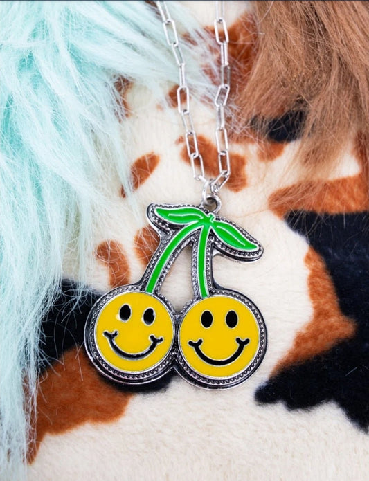 Happy Face Cherry Silvertone Necklace
