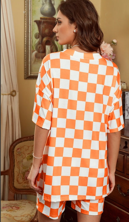Checkerboard Print V Neck Loose Tee and Shorts Lounge Set(PREORDER)