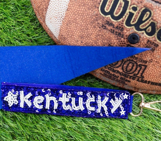 Blue & White 'Kentucky' Sequin Wristlet Keychain