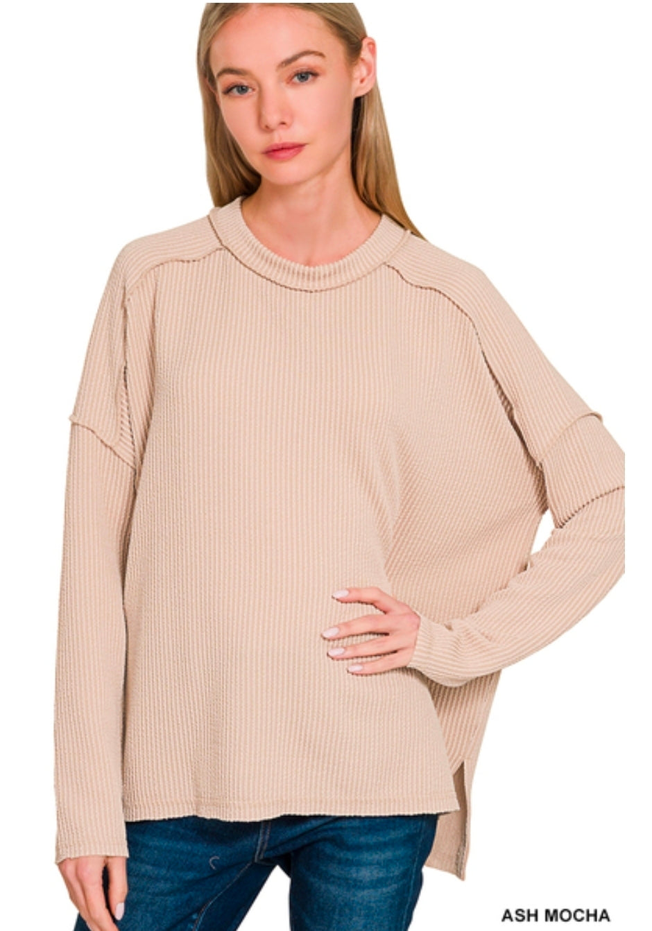 Ribbed Raw Edge Boat Neck Long Sleeve Top(Preorder)