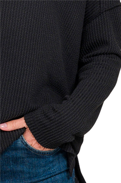 Ribbed Raw Edge Boat Neck Long Sleeve Top(Preorder)