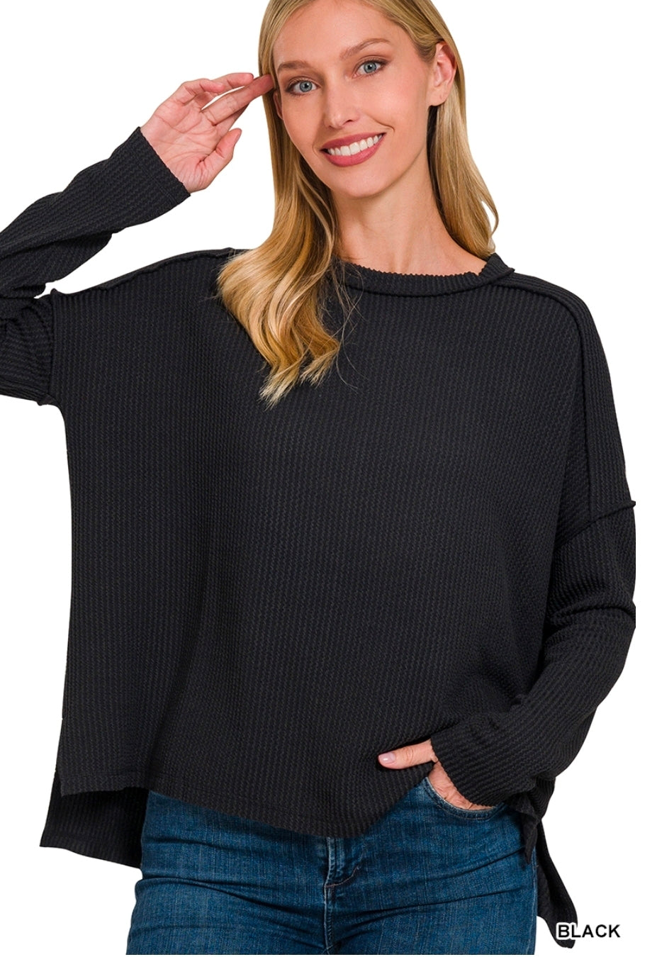 Ribbed Raw Edge Boat Neck Long Sleeve Top(Preorder)