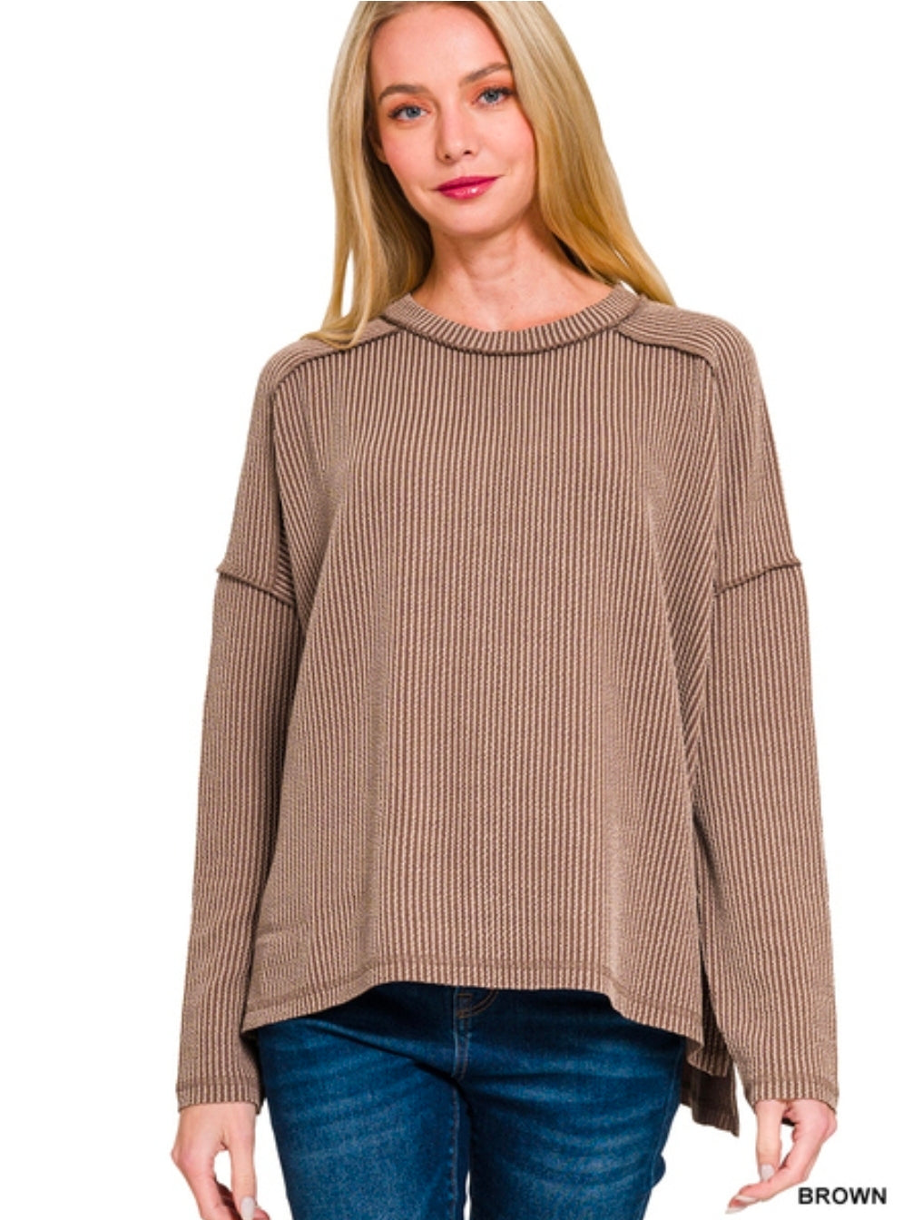 Ribbed Raw Edge Boat Neck Long Sleeve Top(Preorder)