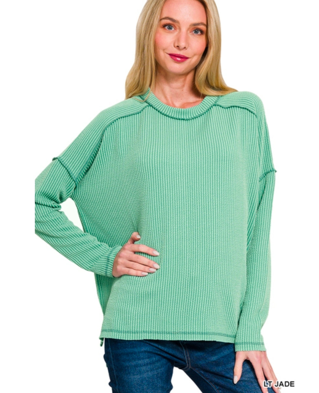 Ribbed Raw Edge Boat Neck Long Sleeve Top(Preorder)