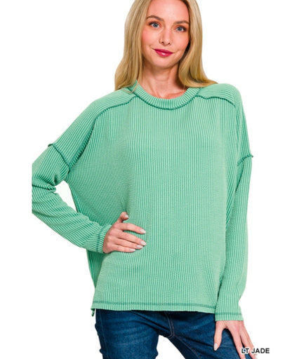 Ribbed Raw Edge Boat Neck Long Sleeve Top(Preorder)