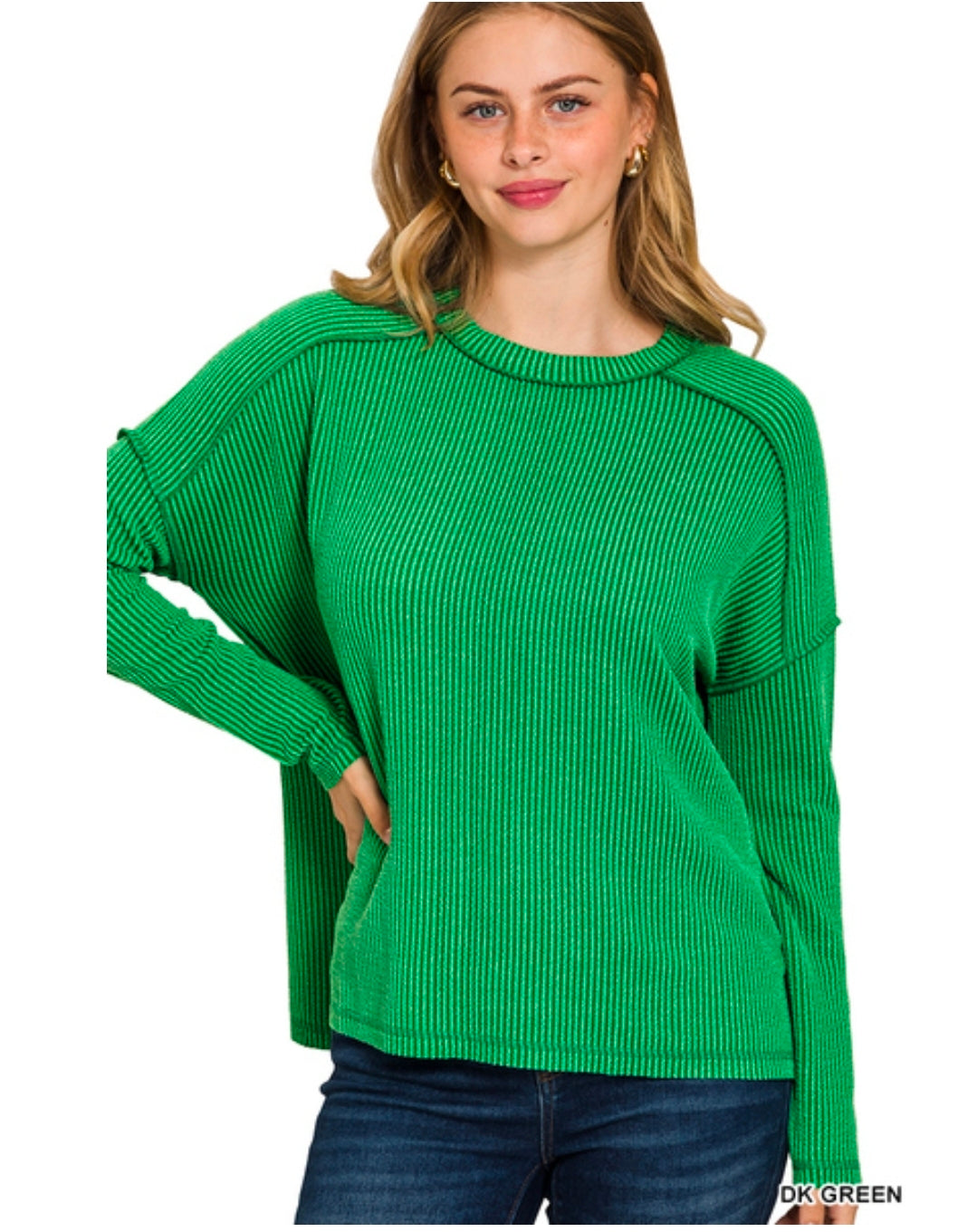 Ribbed Raw Edge Boat Neck Long Sleeve Top(Preorder)