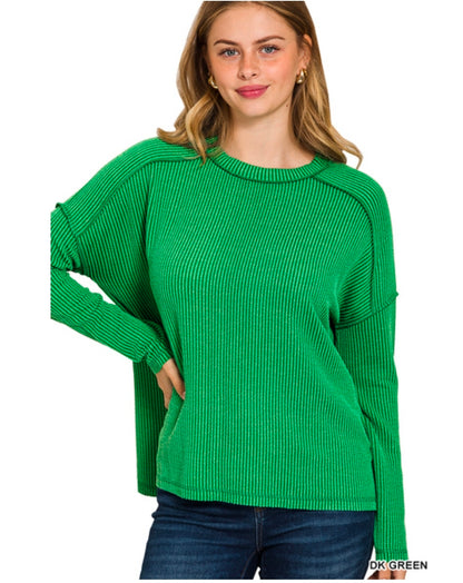 Ribbed Raw Edge Boat Neck Long Sleeve Top(Preorder)