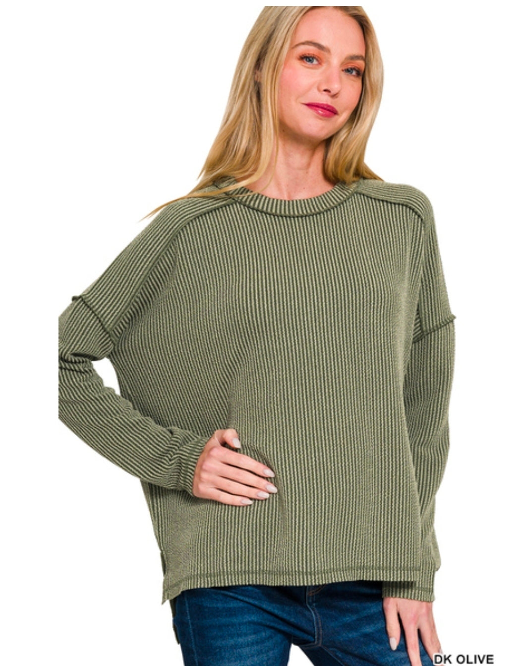 Ribbed Raw Edge Boat Neck Long Sleeve Top(Preorder)