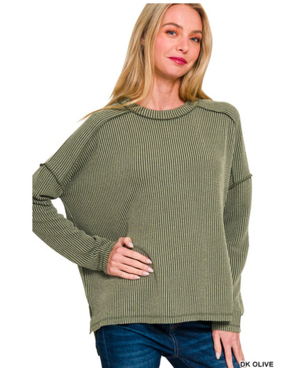 Ribbed Raw Edge Boat Neck Long Sleeve Top(Preorder)