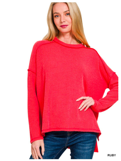 Ribbed Raw Edge Boat Neck Long Sleeve Top(Preorder)