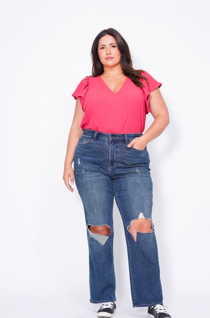 High Waisted Ripped Knee Dad JUDY BLUE