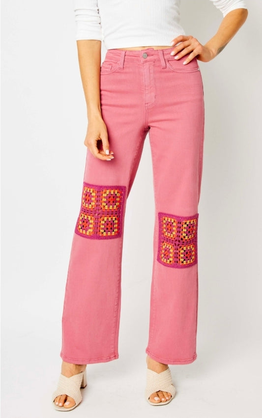 High Waisted Dusty Pink Dyed Chrochet Patch Wide Leg JUDY BLUES