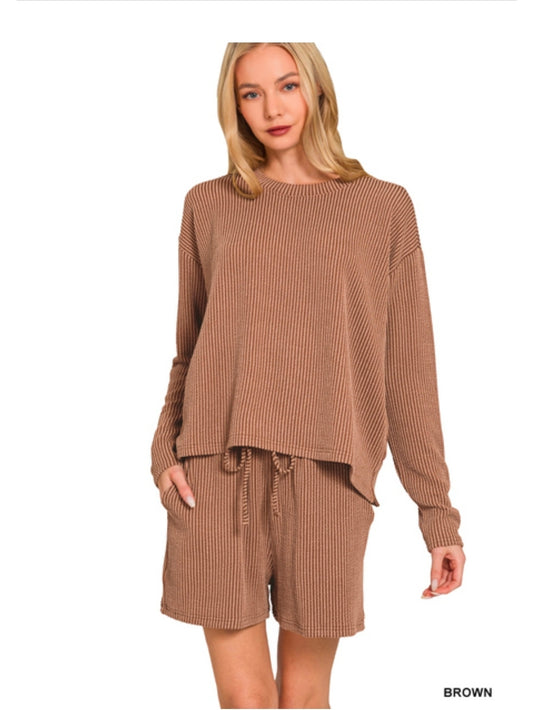 Raised rib long sleeve tee & shorts set