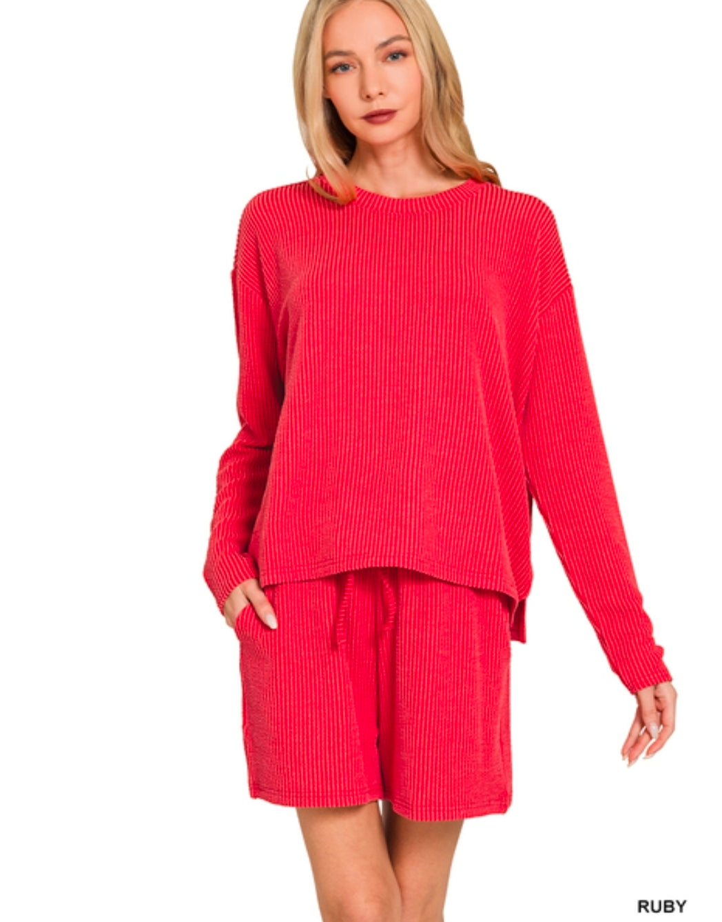 Raised rib long sleeve tee & shorts set