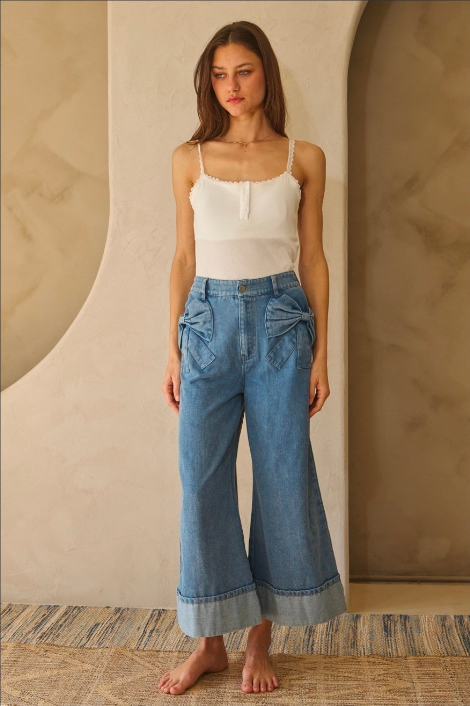 Washed Denim Wide Leg Pants With Bow Accents(PREORDER)