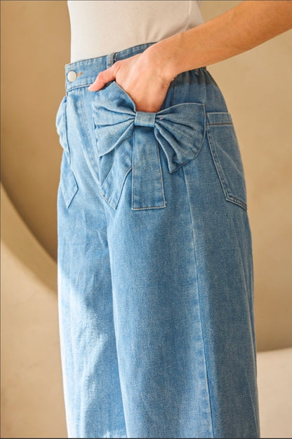 Washed Denim Wide Leg Pants With Bow Accents(PREORDER)